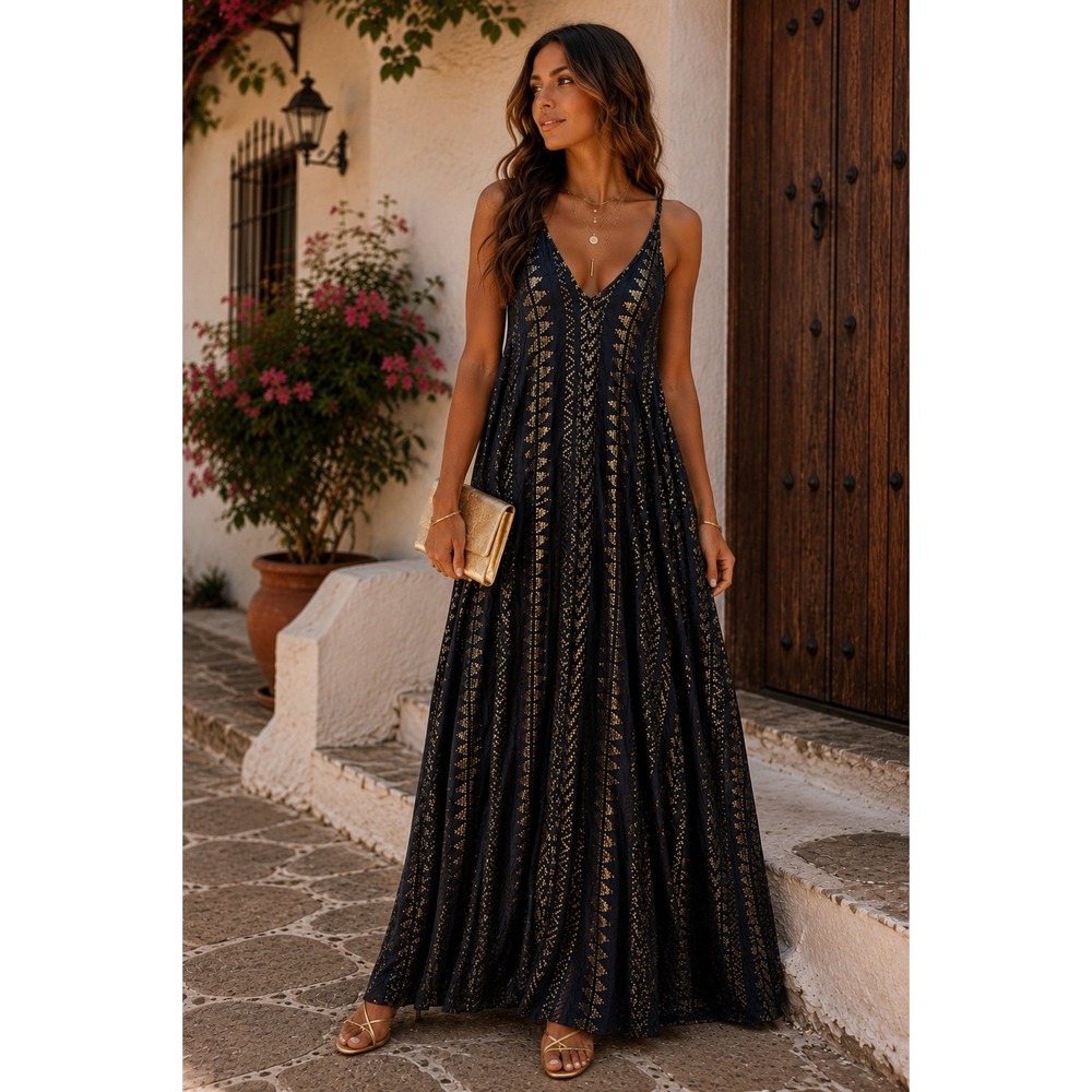 Elan Navy Gold Metallic Geometric V-Neck Maxi Dress Small Boho Summer Pockets